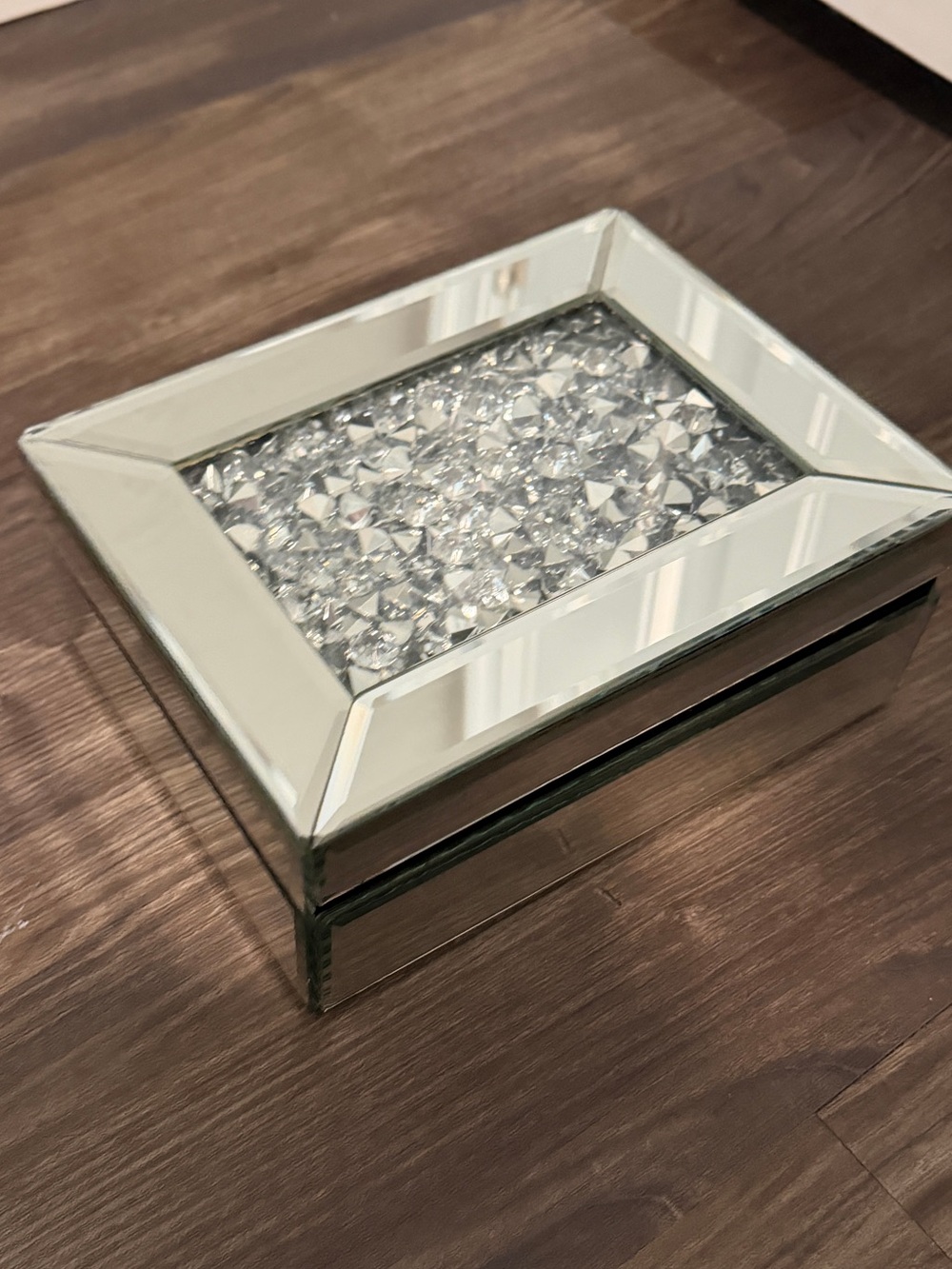 Mirrored Decorative Jewelry Box with faux diamonds enclosed in lid - Silver